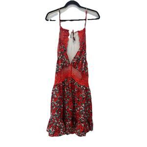 Women’s Red Floral Crochet Lace Halter Backless Mini Sundress Boho No Tag